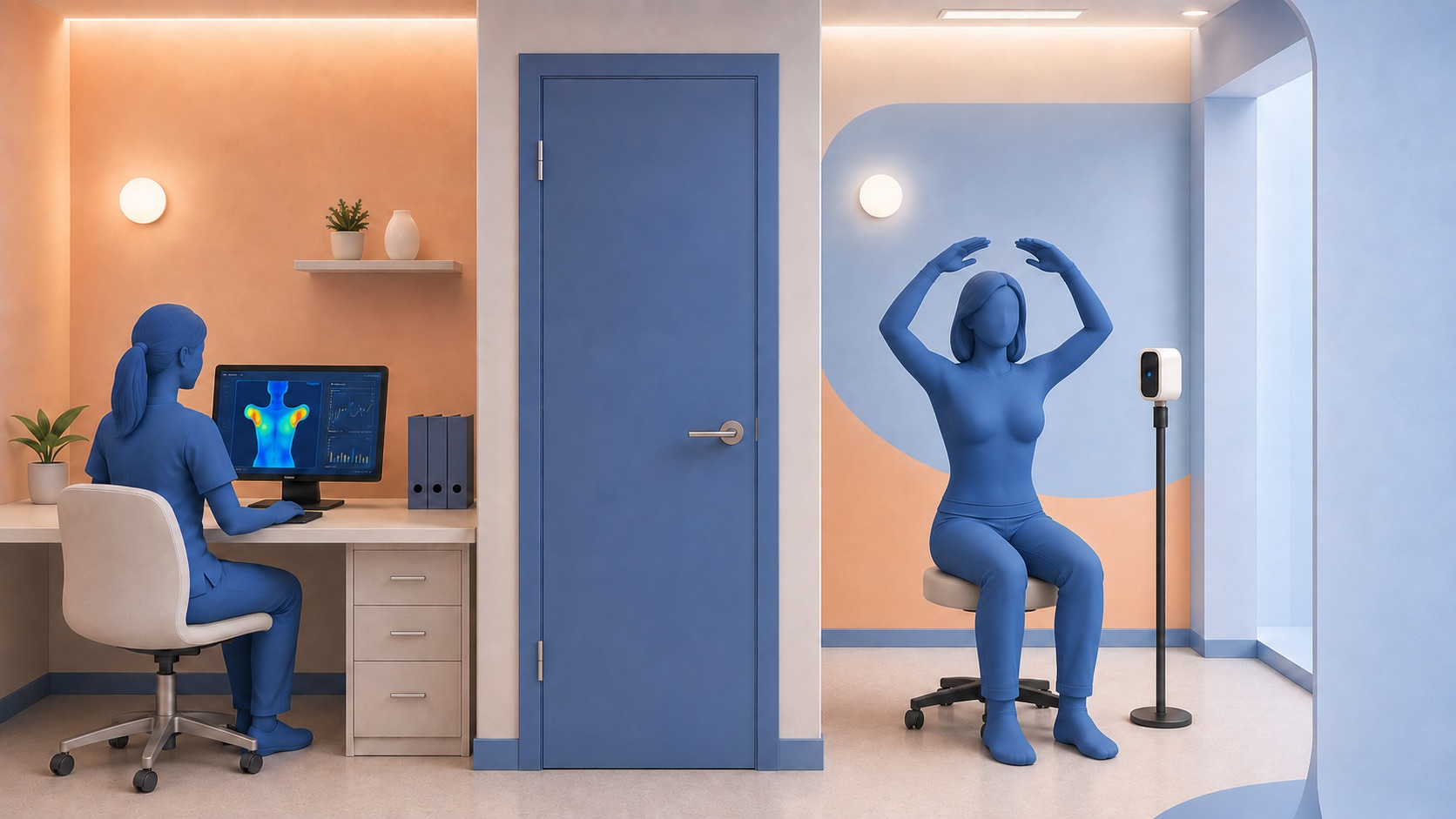 Animated illustration of a patient seated in a private screening room while the technician works in a separate room